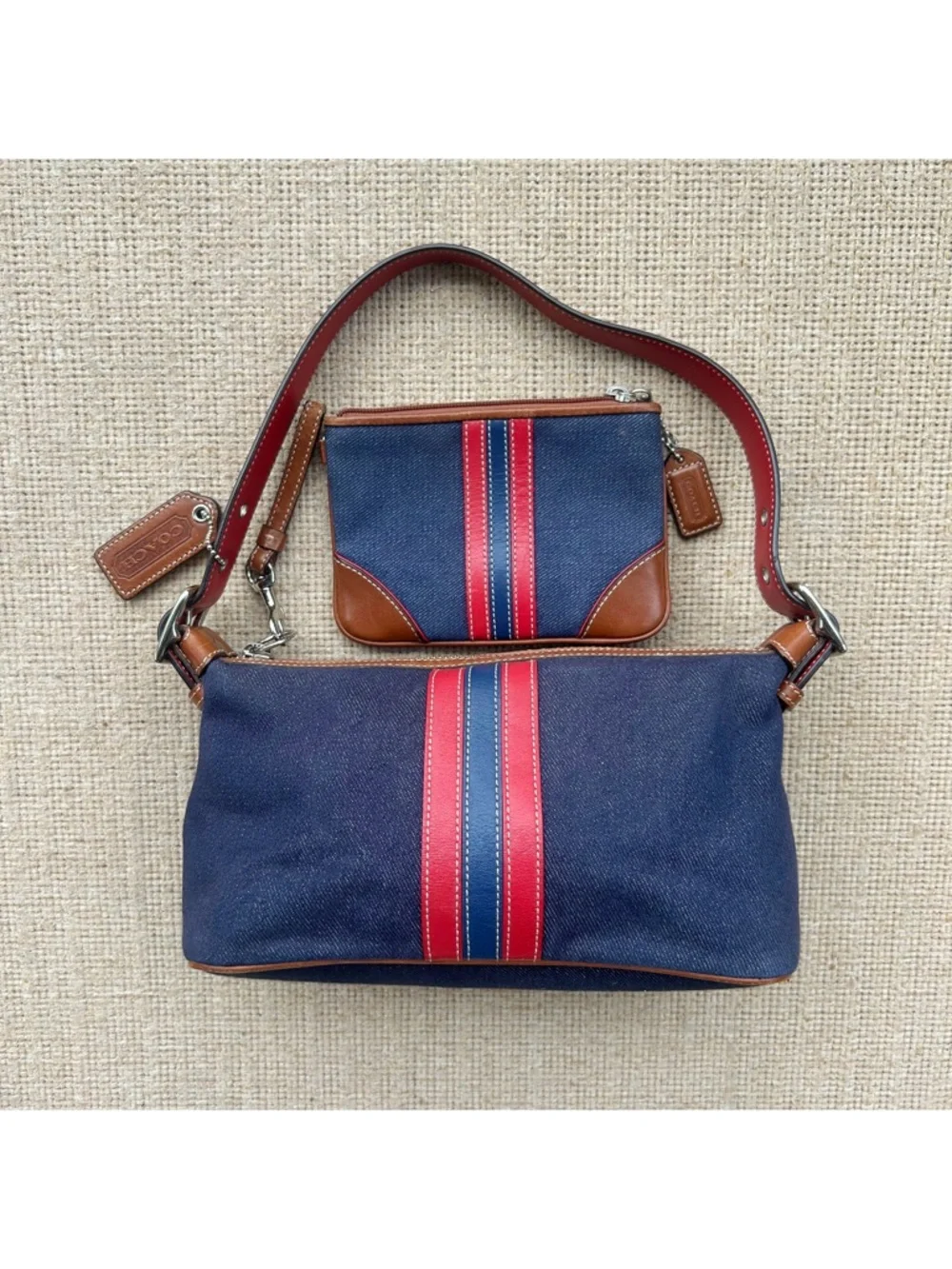 Coach Navy Canvas Shoulder Bag with Red and Pink Stripes